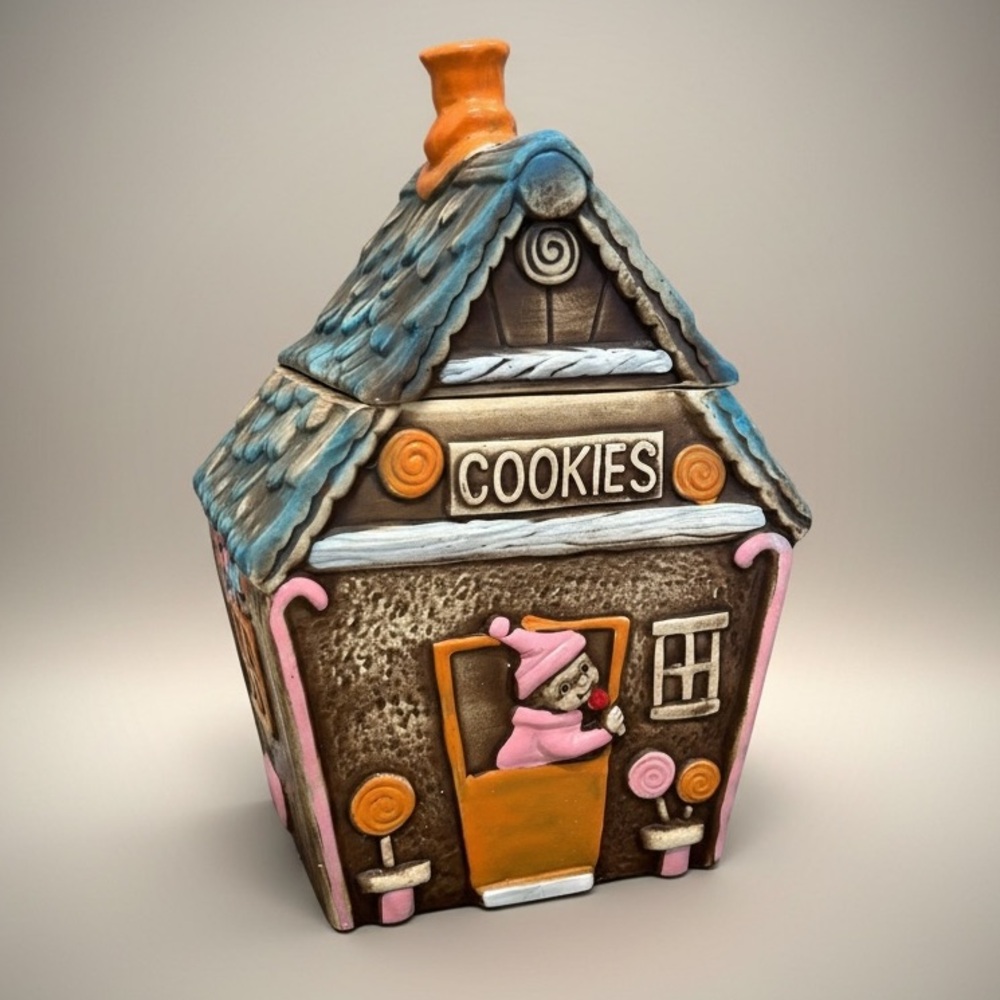 Vintage Gingerbread House Cookie Jar with Elf – Made in Japan